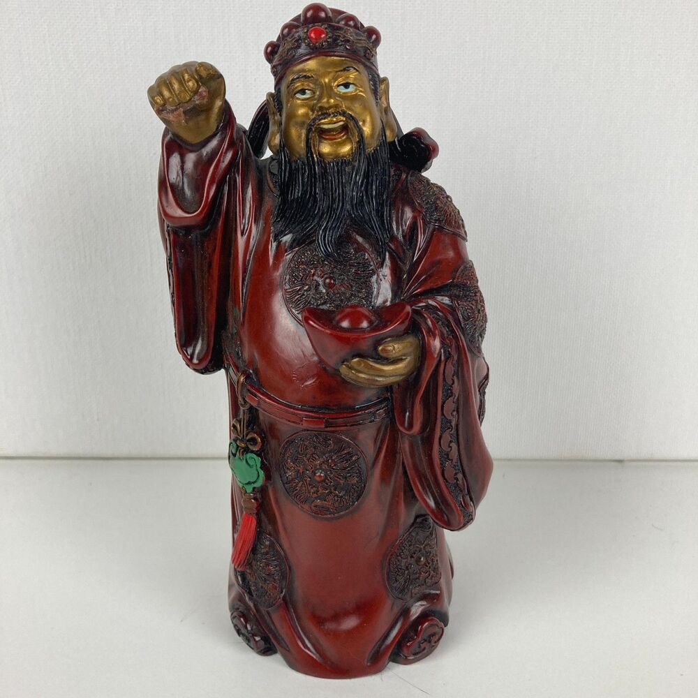 Chinese Caishen God of Wealth Figurine Red Gold Dragon Resin Statue 6.5"